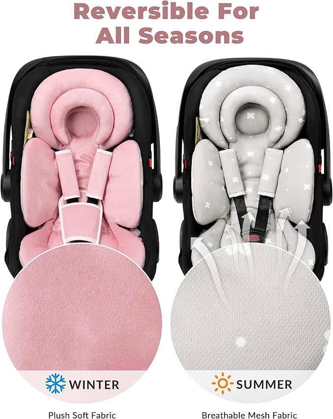 Infant Car Seat Insert with Extra Cushion for Preemie to Toddler, Reversible Newborn Carseat Insert for Baby Head Body Support, Fits for Stroller, Baby Swing, Bouncer (Pink)