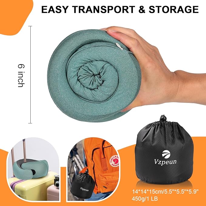 Travel Pillow - Hooded Neck Pillow Airplane Memory Foam Filling for Plane, Office, Cars Sleeping, Road Trip, Long Flights, Airplane Travel Essentials, Includes Eye Mask & Earplugs (Green)