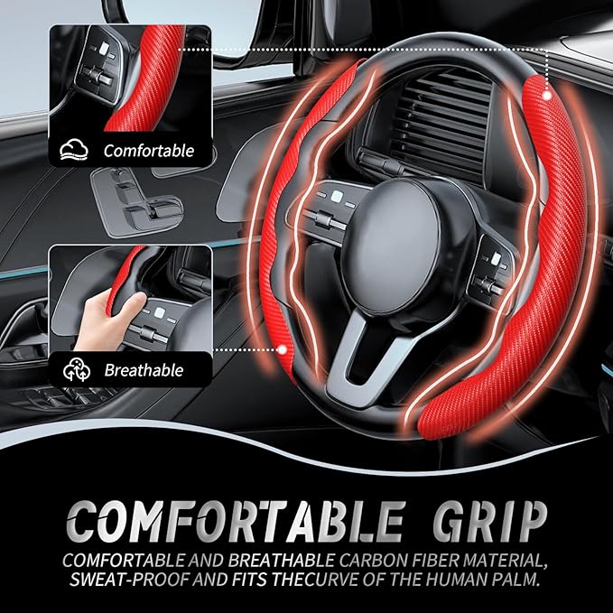 WOCOCN 2pcs Car Steering Wheel Cover,Anti-Skid Carbon Fiber Steering Wheel Protector for Men Women,Multiple Color Options,Universal for Most Car Interiors Accessories (Red)