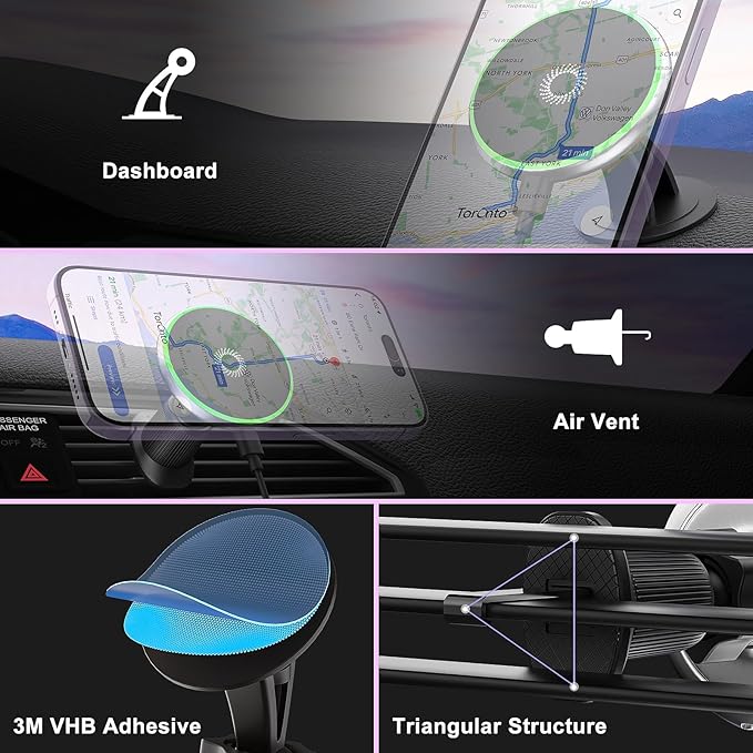 15W for Magsafe Car Mount Charger, Wireless Car Charger Magnetic Air Vent/Dashboard Fast Charging Phone Holder for iPhone 17 16 15 14 13 12 Serie Samsung