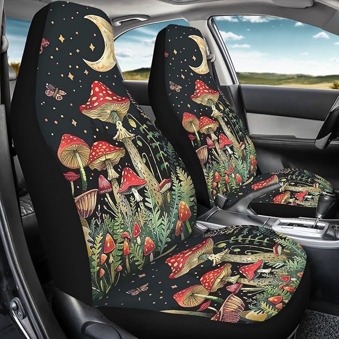 BIGCARJOB Mushroom Print Car Seat Cover Set for Front Seat Only,Moon Star Mushroom Print Auto Front Seat Protector Full Set Car Interior Accessories,Universal Fit