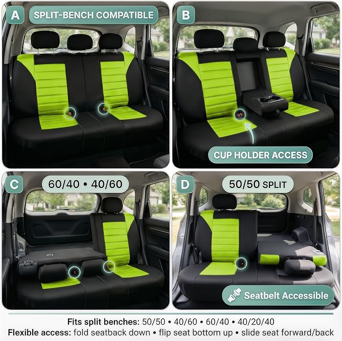 FH Group Automotive Car Seat Covers Rear Set Premium 3D Air Mesh Seat Covers, Airbag Compatible and Split Bench Cover Universal Fit Interior Accessories for Cars Trucks and SUVs - Green