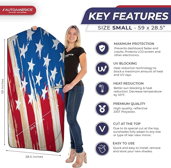 Autoamerics 1-Piece Windshield Sun Shade USA Art Flag - 1 American Design - Foldable Car Front Window Sunshade for Most Sedans SUV Truck - Blocks Max UV Rays and Keeps Your Vehicle Cool - Small