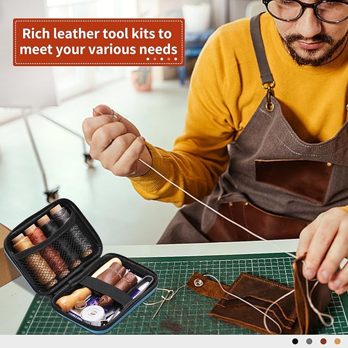 MORFEN Leather Sewing Kit, Leather Stitching Kit with Sewing Awl, Needles, Waxed Thread, Upholstery Repair Kit, Heavy Duty Sewing Tools for Hand Stitching Car Seats, Sofa, Carpets, Shoes, DIY Craft