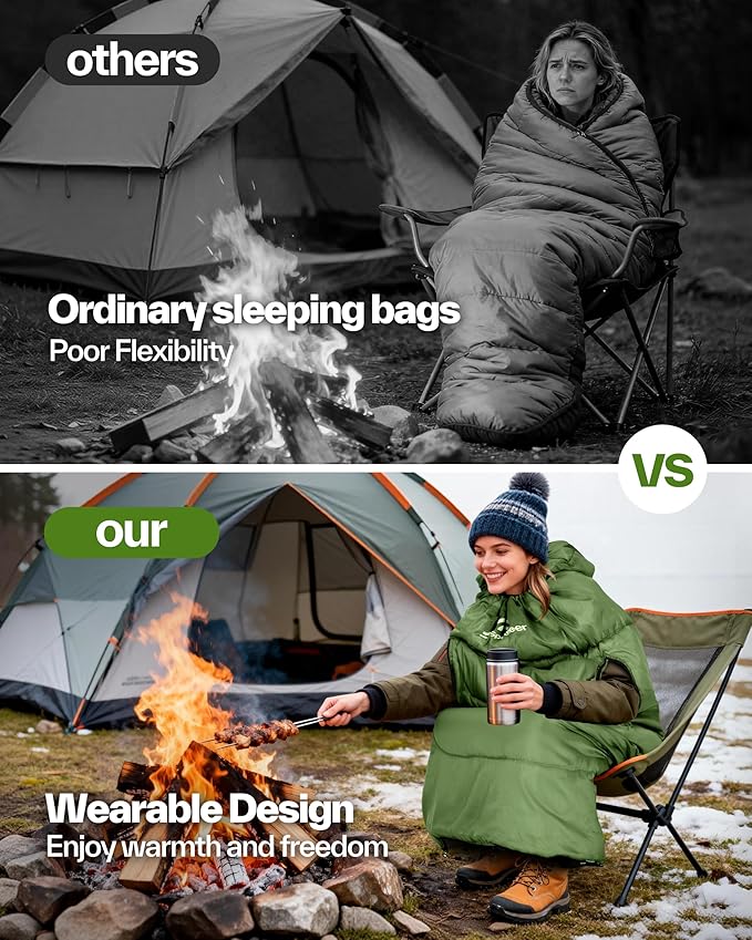 Sportneer Wearable Sleeping Bag for Adults & Kids – Walkable with Arm Zippers, Warm Weather & Cold Waterproof, Compact for Camping, Stadiums, Travel, Backpacking & Car Use
