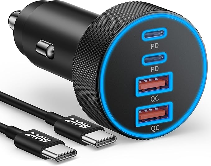 USB C Car Charger, 90W 4-Port Super Fast Charging Car Charger Adapter Dual USB-C & USB-A Cigarette Lighter with 240W Type C to C Cable Cord for Samsung Galaxy S25/S24/S23/S22/S21 Ultra, Android Phone