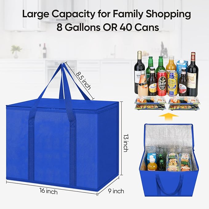 BALEINE 2Pk Insulated Reusable Grocery Bags, Collapsible Cooler Bag for Groceries, Heavy Duty Large Insulated Bag (16''x9''x13'', Midnight Blue)