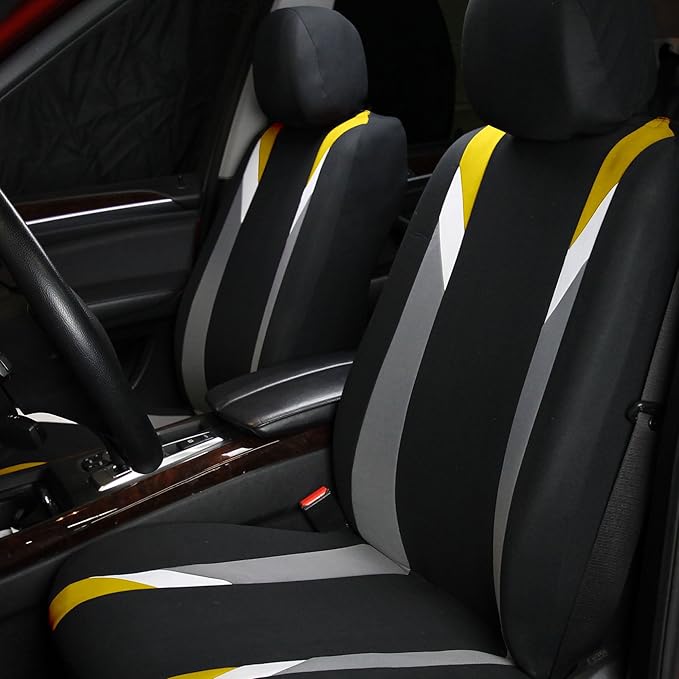 FH Group Car Seat Covers Premium Modernistic Flat Cloth Car Seat Covers Front Seats Only Yellow Black, Airbag Compatible Universal Fit Interior Accessories Cars Trucks SUV Car Accessories Protector
