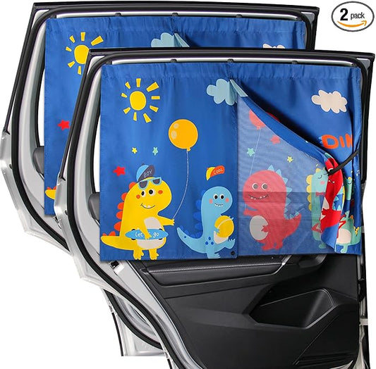 Car Window Shades, 2 PCS Magnetic Double Layer Sun Shade, Side Windows Privacy, Full Covers/Half Shade Options, Cute Dinosaurs, Compatible with Car, SUV, Minivan
