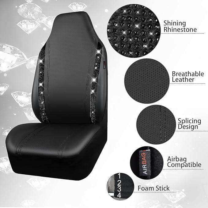 CAR PASS Leather Car Seat Covers High Back Bucket Bling Diamond Front Seats, Waterproof Universal Shining Glitter Crystal Sparkle Fit Model 3 Tesla Model Y, Truck SUV Cute Women Girl, Black Rhinestone