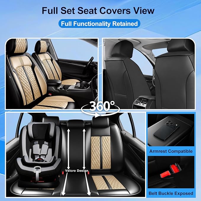 Fit CRV Car Seat Covers for Select Honda CR-V 2011-2026 - Premium Full Coverage Leather, Airbag Compatible, Waterproof & All Weather Seat Protector, Airbag Compatible, Front Pair Black+Beige