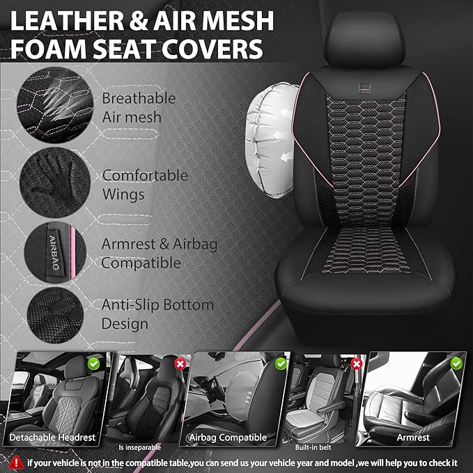 CAR PASS 3D Foam Mesh Leather Car Seat Covers Front Seats,Breathable Mesh Front Seat Covers for Women,Universal Fit for Cars SUV Truck Sedan Van Automotive, Armrest Airbag Compatible,Black and Pink