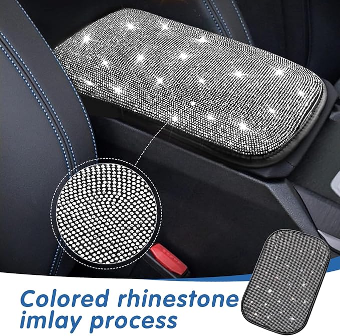 ijuicy Bling Car Center Console Armrest Cover, Crystal Rhinestone Center Console Protective Cover Armrest Cushion Pad, 12.6" x 8.5" Universal for Most Cars (Silver)