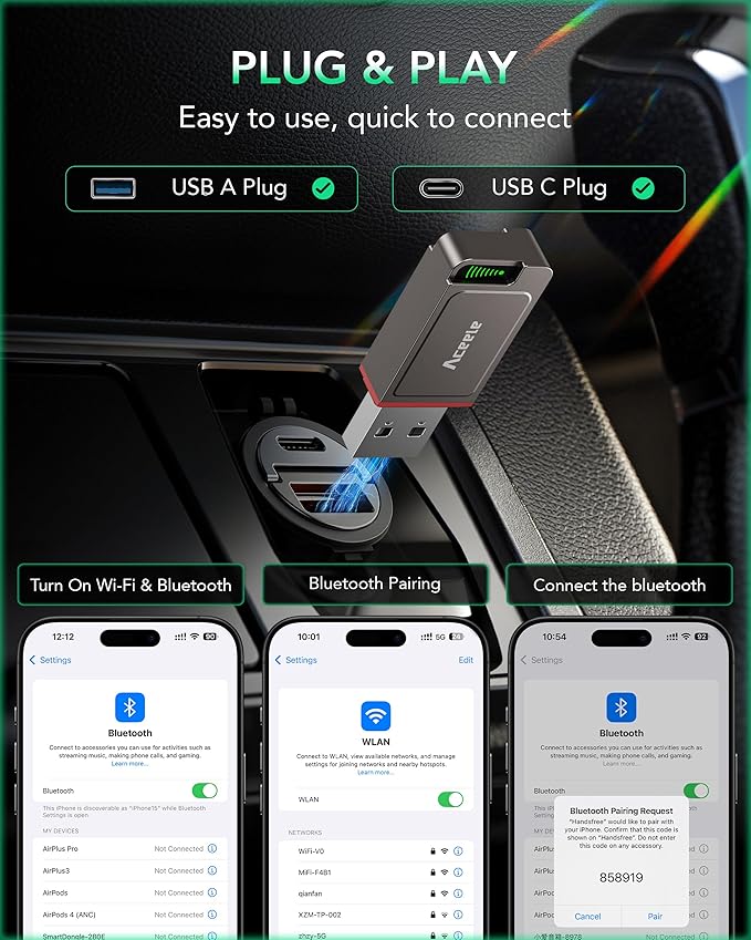 Aceele 2-in-1 Wireless CarPlay & Android Auto Adapter, 2025 Upgrade Apple CarPlay Dongle Converts Wired to Wireless, Mini Size with USB to USB-C Adapter, Auto-Reconnect‌, Stable Control & No Delay