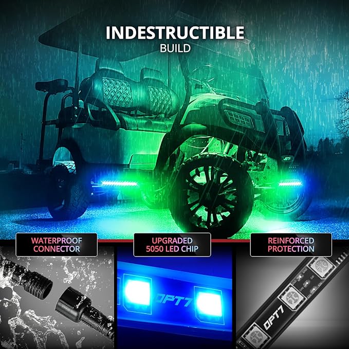 OPT7 12V Aura DreamColor Golf Cart Underglow LED Light Kit with App & Remote, 4PC Waterproof Multicolor Light Strips, Music Neon Accent Chasing Lighting for EZGO Yamaha Club Car, Outdoor Gifts