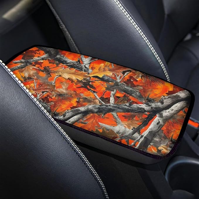 Dreaweet Orange Branch Camo Car Accessories Center Console Cover Soft Anti-Scratch Arm Rest Cover for SUV Sedan Vehicle Universal Armrest Cover Center Console Cushion Pad