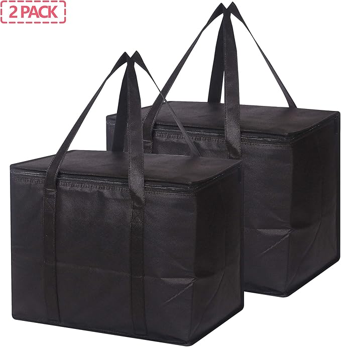 Set of 2 Large Insulated Reusable Grocery Bags with Sturdy Zipper and Handles, Foldable Washable Heavy Duty Cooler Totes for Hot or Cold Food Delivery, Groceries, Travel, Shopping