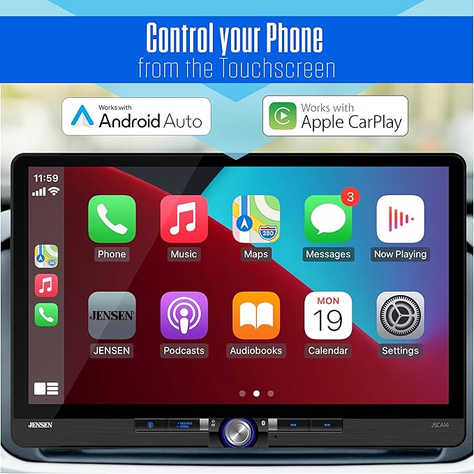 JENSEN J5CA14 14-inch Certified Apple CarPlay Android Auto Wired or Wireless | Maestro & Metra Axxess Ready | Single & Double DIN Car Stereo | SiriusXM Ready | Bluetooth | Front & Rear Camera Inputs