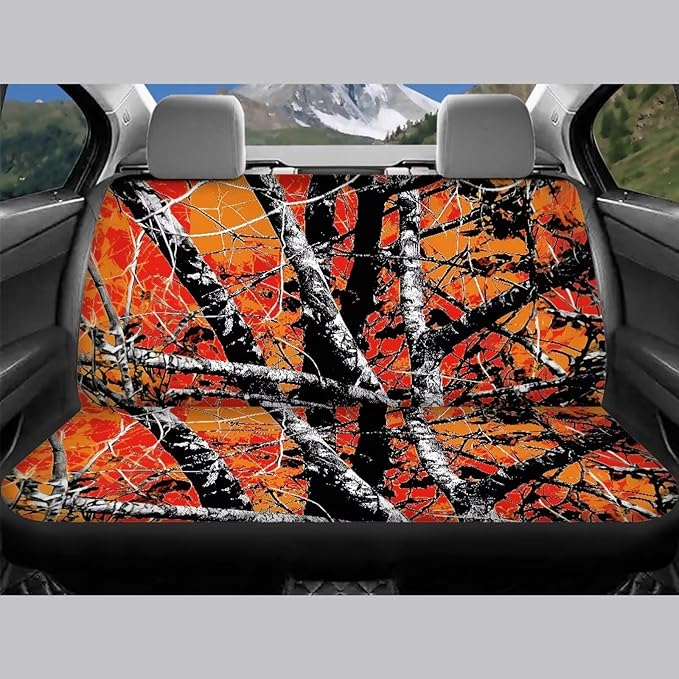 KEIAHUAN Car Seat Covers Camo Hunting Design Front Seat Cover and Split Rear Bench Seat Cover Comfortable Stretchy Universal Fit Most Cars SUVs Vans Sedans, Orange