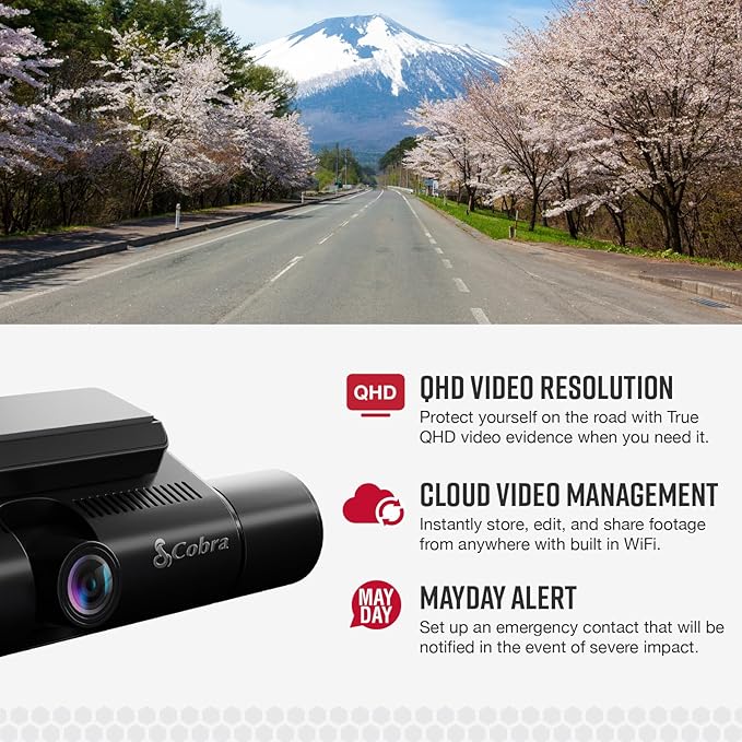 Cobra Smart Dual View Front and Cabin Dash Cam (SC 220C) - QHD 1440P Resolution, 360 Alerts, Parking Live View, Incident Reports, Emergency MayDay, 16 GB SD Card Included, CarPlay & Android Auto