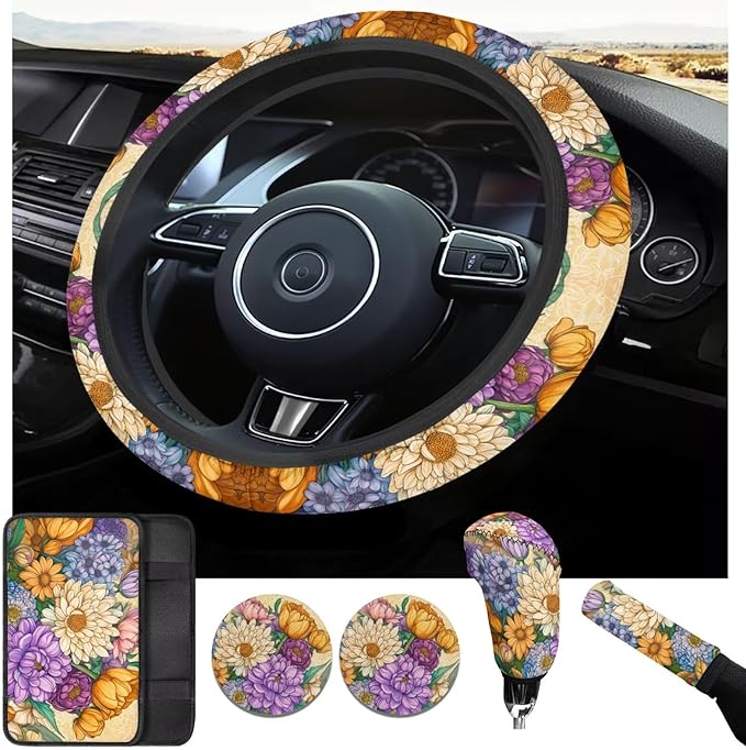 Yellow Chrysanthemum Print Car Steering Wheel Cover Sets Cup Holder Handbrake Gear Cover Armrest Cover Car Interior Accessories -6pcs