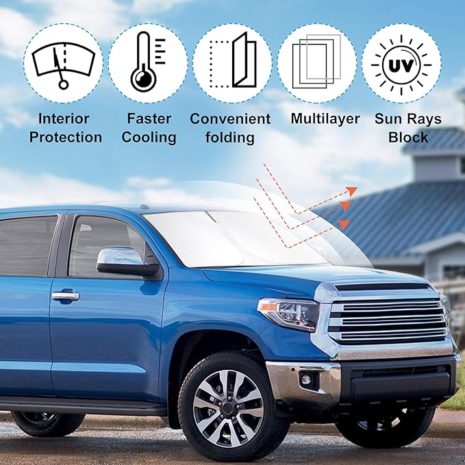Windshield Sun Shade Custom Fit for 2007-2023 2024 2025 2026 Toyota Tundra Accessories Foldable Sunshade Sun Blocker Protect Car from Sun Rays & Heat Damage Keep Car Cooler