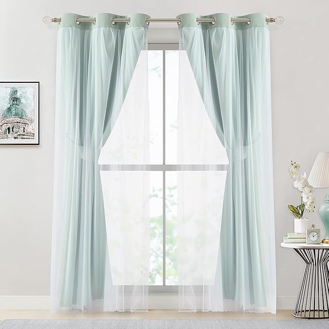 Bujasso Aqua 80% Blackout Curtains with Sheer Overlay Mix and Match Double Layer Thermal Insulated Window Panels 84 inch for Living Room Bedroom Mint Green Drapes with Tiebacks Grommet Top 37"Wx84"Lx2