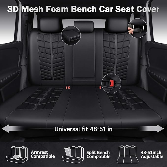 CAR PASS 3D Foam Mesh Back Car Seat Covers,Breathable Leather Rear Seat Cover Anti Slip Universal Fit for Most Cars SUVs Vans Small Trucks 95% Automotive Bench seat, Armrest Compatible,All Black