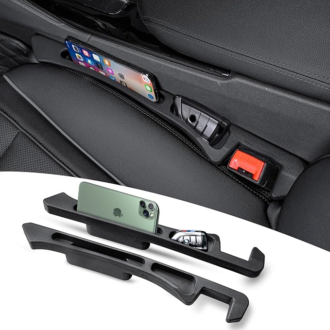 Car seat Gap Filler 2-Piece Multi-Functional Storage Belt with PU Material, seat Side Gap Filler to Prevent Items from Falling, Universal for Cars, SUV, Trucks (Black)