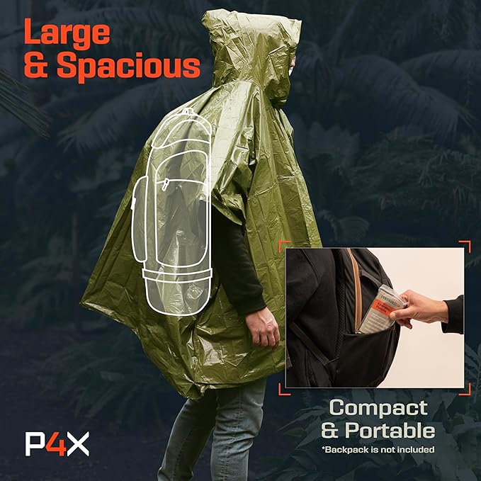 PREPARED4X Emergency Mylar Poncho – Survival Rain Poncho with Hood – Lightweight, Compact, Reusable Emergency Blanket Poncho for Hiking, Camping, Thermal Gear, Car Kit, Outdoors