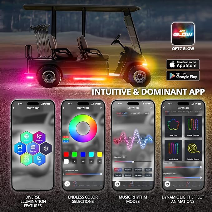 OPT7 12V Aura DreamColor Golf Cart Underglow LED Light Kit with App & Remote, 4PC Waterproof Multicolor Light Strips, Music Neon Accent Chasing Lighting for EZGO Yamaha Club Car, Outdoor Gifts