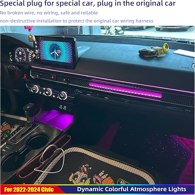 Ambient Lighting Kit for 11th gen Honda Civic，Interior Car Neon Lights for 2022 2023 2024 2025 Civic, Button and APP-Controlled RGB LED Strip Lights