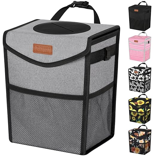 Pritent Car Trash Can with Lid, Cute Leakproof Car Trash Garbage Bag Hanging Vehicle Trash Bin Small Portable Automotive Garbage Cans Organizer for Back/Front Seat/Console(Trapezoid,Grey)