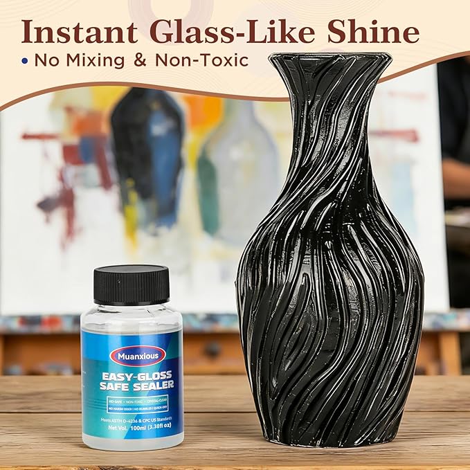 Muanxious Air Dry Clay Glaze — No-Tack High Gloss Waterproof Clear Varnish & Sealant, ASTM D-4236, Low Odor, Anti-Yellowing, 100ml (3.38 fl oz)