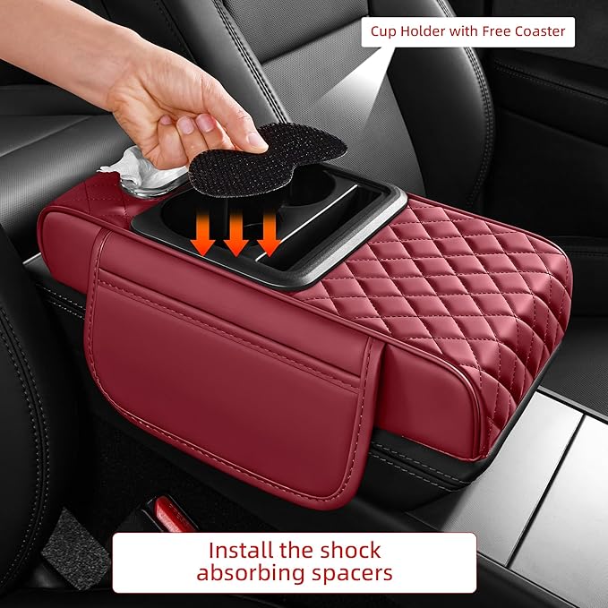 5 in 1 Car Center Console Cover, Armrest Pad with 2 Storage Pockets, Cup Holder, Tissue Box Slot, Phone Holder, Universal Car Interior Organizer (Burgundy)