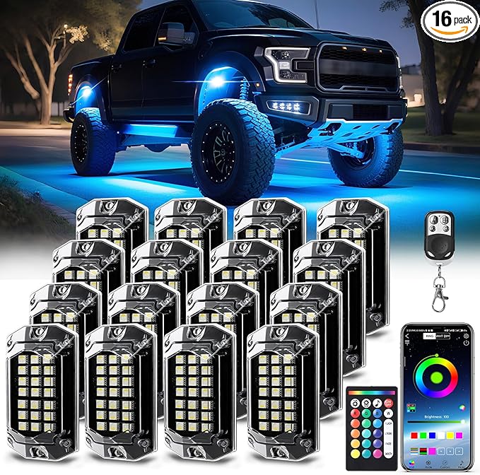 16 Pods Full Angle RGBW LED Rock Lights, 6500K Pure White RGB Rock Light for Truck Jeeps Pickup Offroad Golf Cart Boat RV UTV Underbody, 12V Waterproof Neon Underglow Kit with APP/RF Remote Sync Music