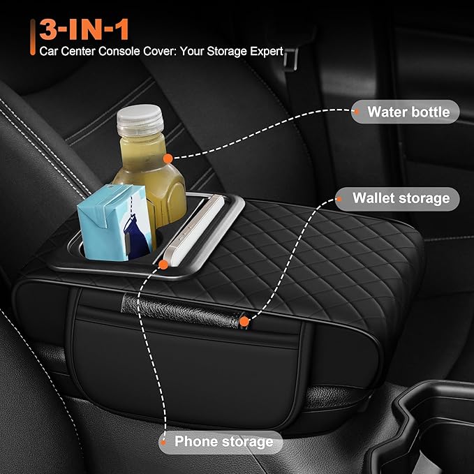 Center Console Cover Fit for Kia Soul 2010-2025 with 2 Storage Bags Waterproof Leather Quilted Pattern Car Armrest Cover Cushion Elevating Pad Anti-Slip(Black)