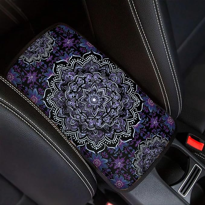 Boho Mandala Flower Print Car Center Console Armrest Cover Dust-Proof Universal Armrest Box Cover Center Console Pad for Truck Sedan SUV, Easy to Install, Purple