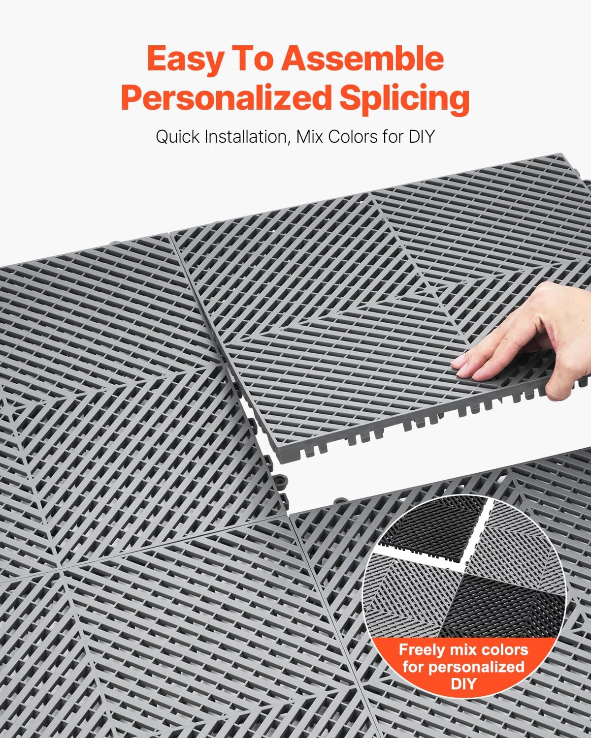 VEVOR Interlocking Drainage Mat, 15.7” x 15.7” Modular Interlocking Cushion, 24 Pcs Splicing Drainage Mats, Non-Slip Gray PP Drainage Floor Tile and Shower Mat, for Garage, Garden, Kitchen & Outdoor
