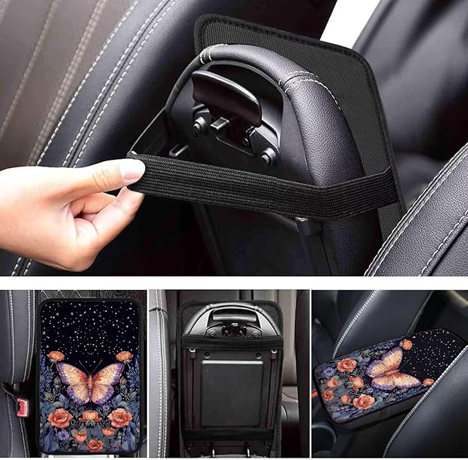 Suobstales Butterfly Rose Flower Print Car Armrest Pad Soft Center Console Arm Rest Protector Cover Universal Car Interior Accessories Decoration