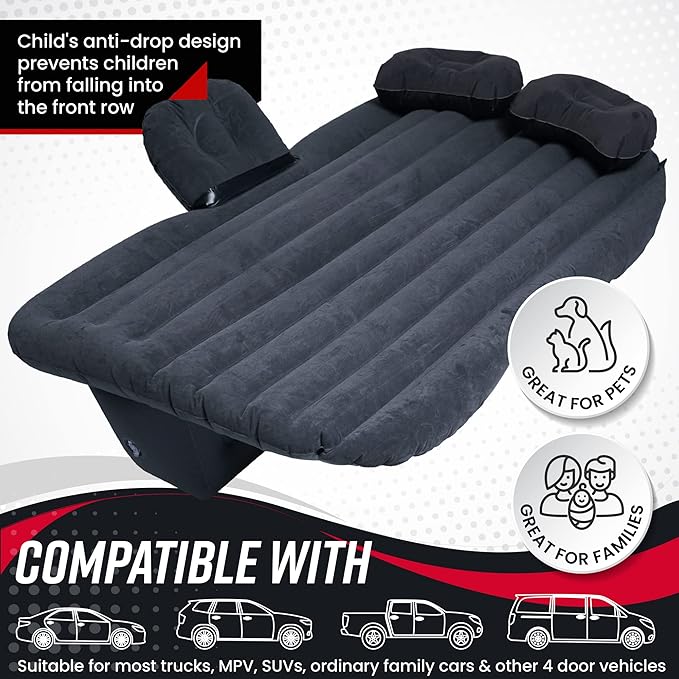 VaygWay Inflatable Car Air Mattress – Air Bed w/Pump Kit –Back Seat – Camping Vacation Blow up Bed Cushion - Sleeping Pad w/ 2 Pillows- 2 Pk Inflatable Car Mattress with Neck Pillow and Ear Plugs