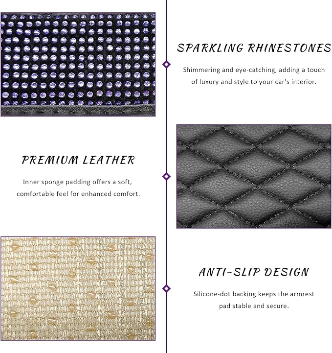 Sun Walker Bling Car Center Console Cover, Anti-Scratch Car Armrest Seat Box Cushion Pad with 2 Storage Bags, Leather Middle Console Protector Crystal Interior Accessories for Most Cars (Purple)