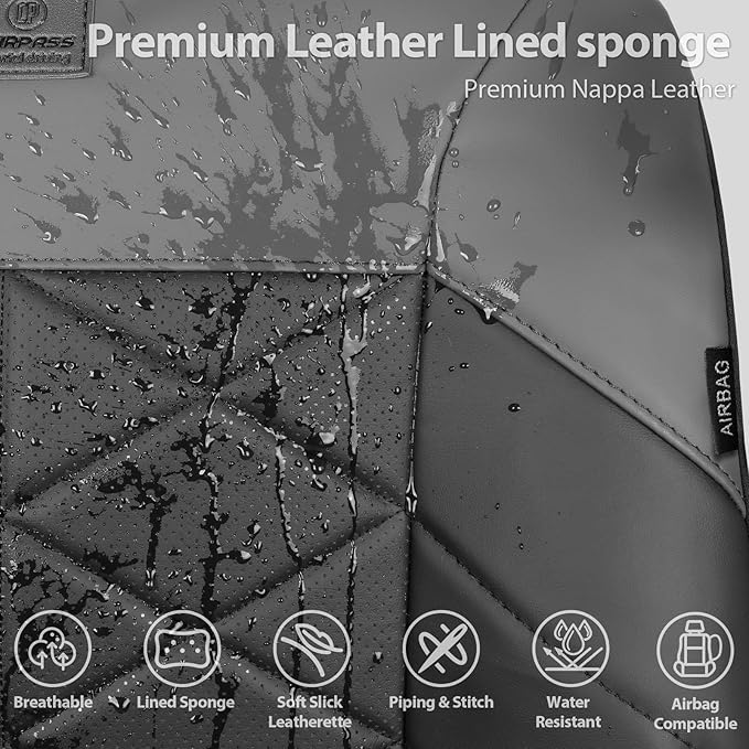CAR PASS Nappa Leather Waterproof Car Seat Covers Two Front, 3D Foam Automotive Seat Covers with Memory Foam, Universal Fit for Cars SUV Truck Sedan, Airbag Compatible, Comfort 2 Rhomb Black Grey