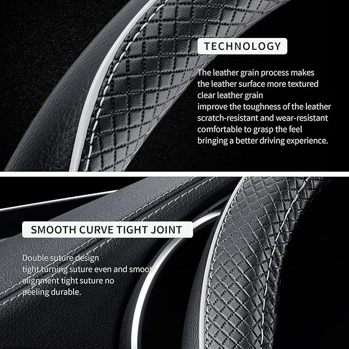 GXT Steering Wheel Cover, PU Leather, Universal 15 Inches, Non-Slip, Odourless Car Interior(Black White)