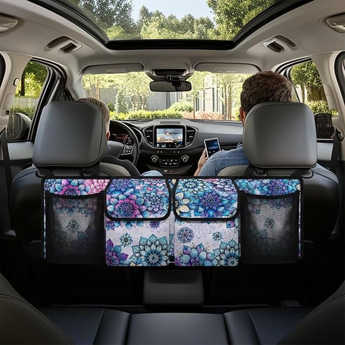 Boho Mandala Blossom Car Trunk Organizer with 4 Storage Bags Hanging Back Seat Car Organizer for Women Large Capacity Cargo Bag