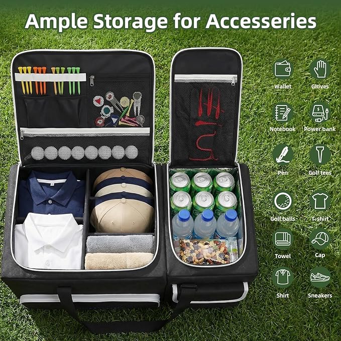 Golf Trunk Organizer, 2-Layer Car Trunk Locker with Ventilated Shoe Compartment for 2 Pairs, Adjustable Dividers, Multi-Pocket Storage for Balls Tees Gloves Towels