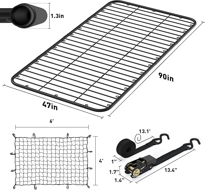 WILDROAD Car Roof Platform, Universal Roof Flat Rack 90" x 47" x 1.3" Heavy Duty Roof Rack Platform with Super Duty Bungee Cargo Net, Ratchet Straps and Anti-Rust Sealant Fits for SUV Truck Cars