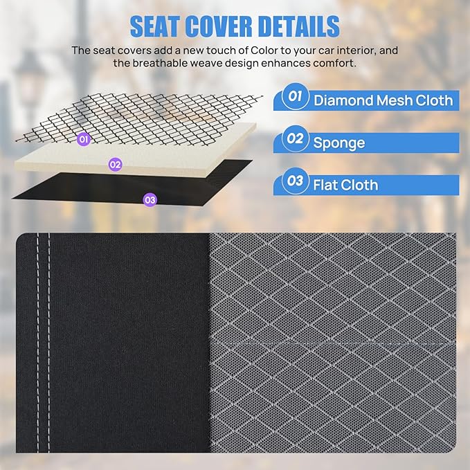 Nilight Car Seat Cover 2PCS Black Grey Breathable Mesh Interior Covers with Removable Headrest Airbag Compatible Universal for Cars Truck and SUV Front Seats