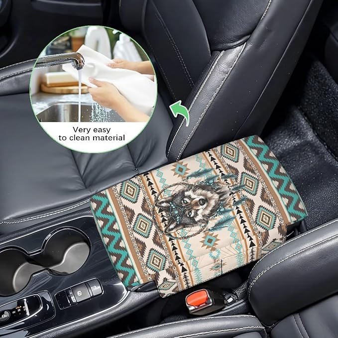 Wanyint Aztec Wolf Dream Catcher Auto Center Console Pad Non-Slip Armrest Cover Cushion Lid Wear-Resistant Arm Rest Cushion Protector for Car Seat Organizer Universal Fit for Most Vehicles