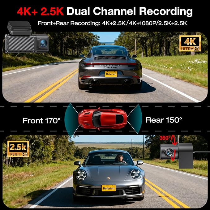 4K+2.5K Dash Cam Front and Rear,GPS,5.8G WiFi, Free 64GB Card Included,Dash Camera for Cars,2-Channel Car Camera,3.16'' IPS Screen,G-Sensor,24H Parking Monitor,Max 256GB